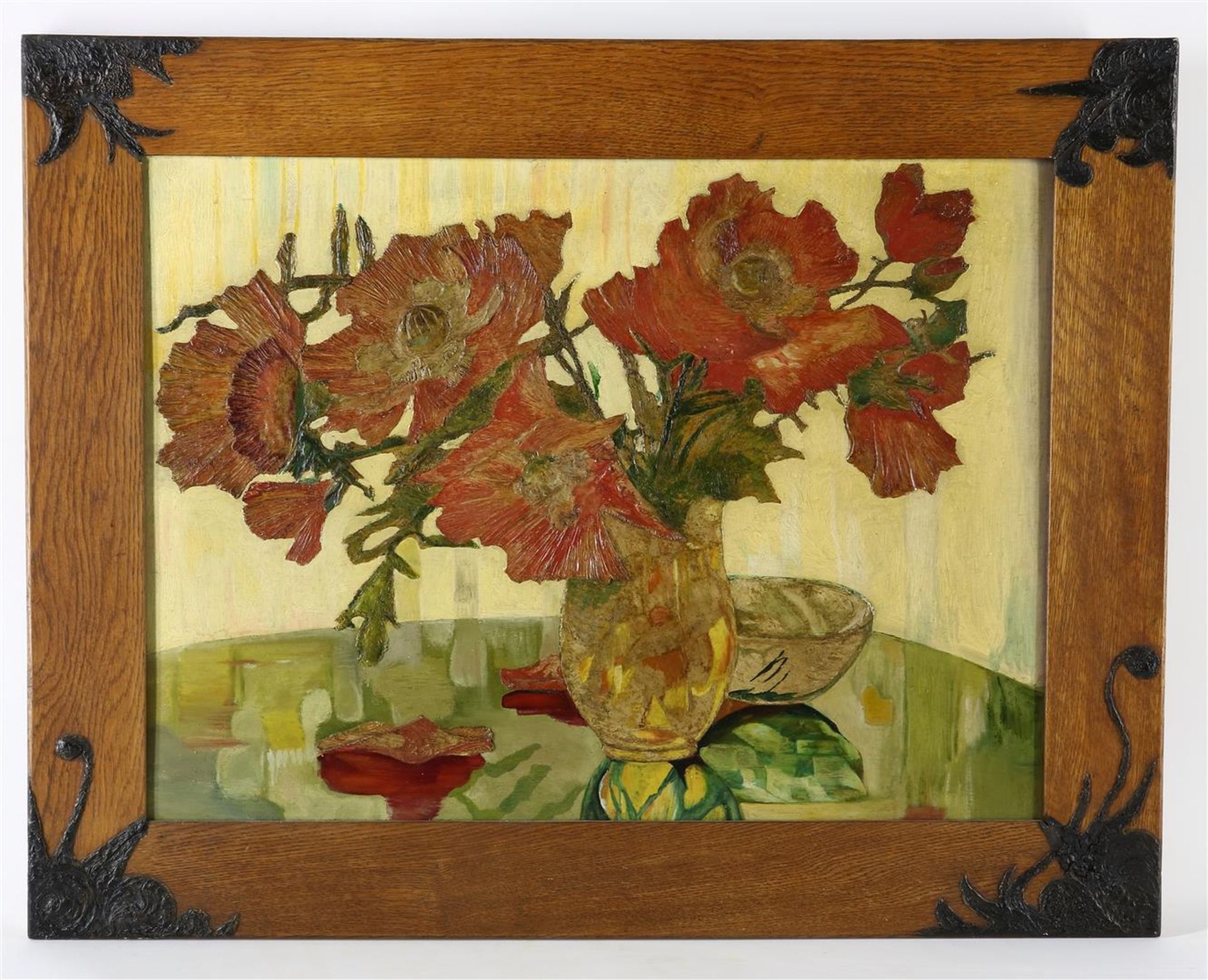 Still life with poppies in vase, after Vincent, panel, 56 x 76 cm. - Image 2 of 3