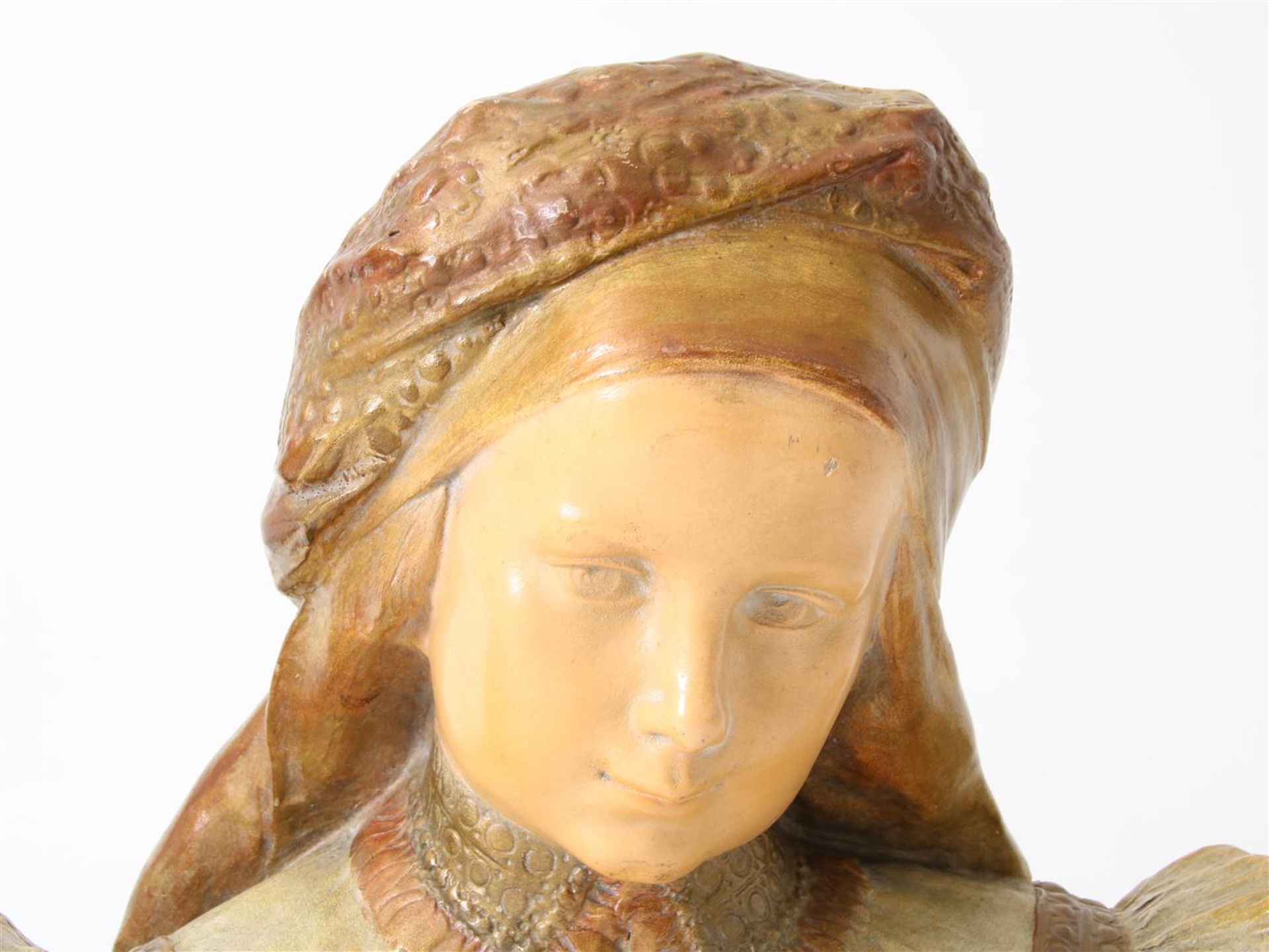 Set of polychrome painted busts of shepherd and shepherd, signed on the back, height 31 cm. (chip - Image 3 of 6