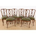Series of 6 walnut Louis XV style chairs with carved shell motif in crest and green leather seat,