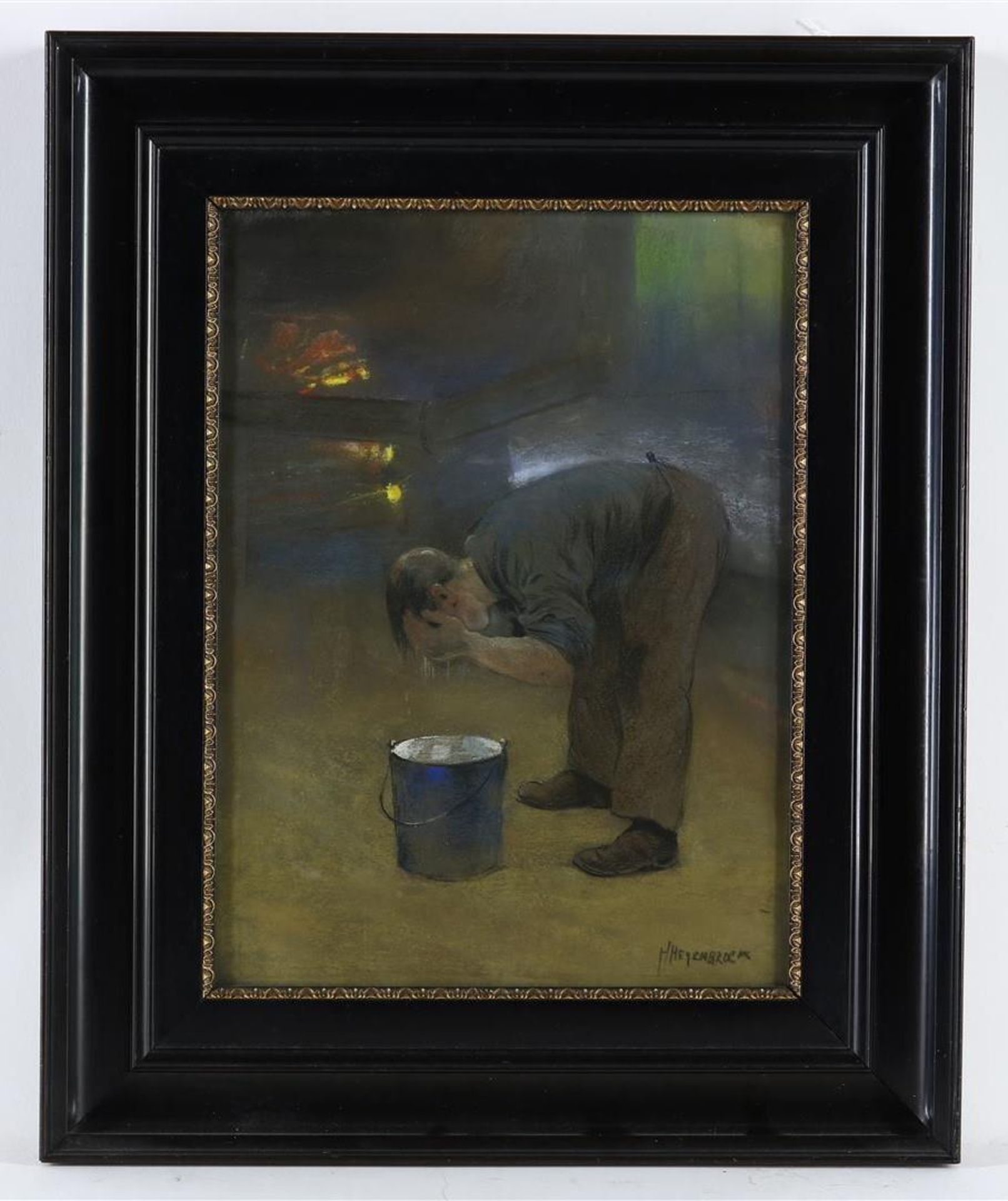 Herman Heijenbrock (1871-1948) Little boy washes himself in the glass factory, pastel on paper. - Image 2 of 4