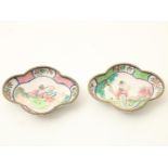 Series of 2 Canton enamel quatrefoil dishes in clover shape with decor of a lady in landscape,