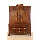 Mahogany Louis XVI cabinet, 2 panel doors with carved garlands and 4 drawers with bronze fittings,