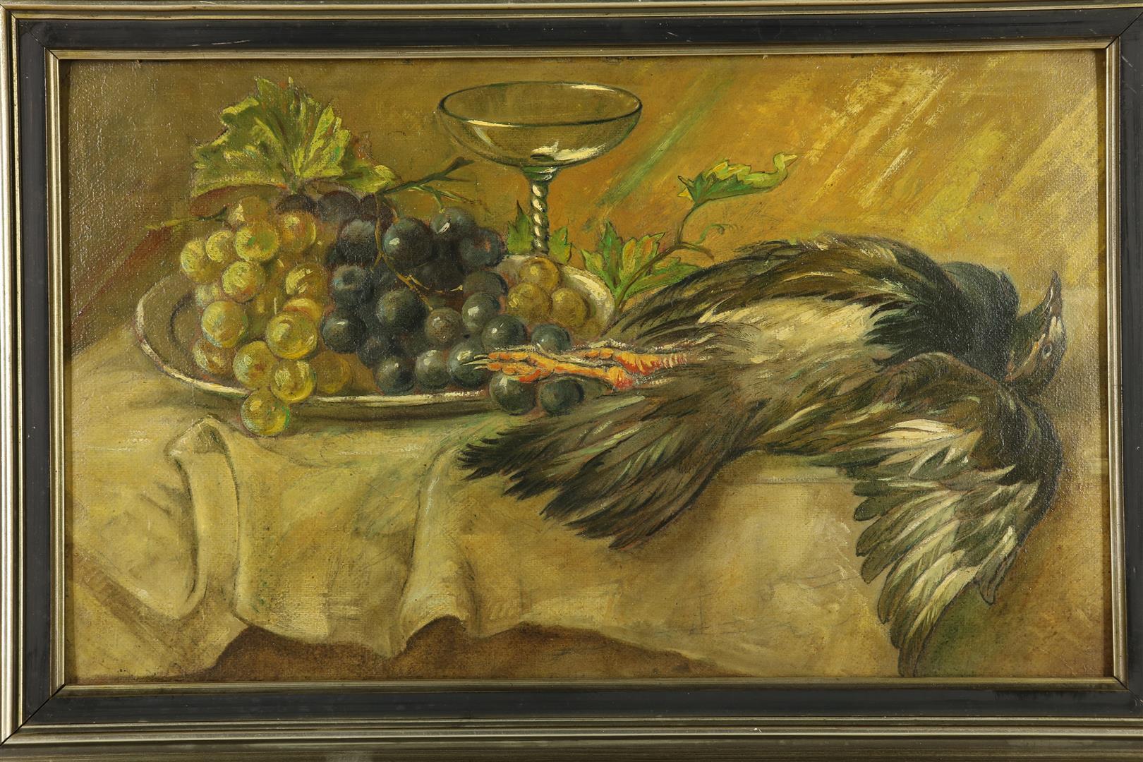 Still life with dead bird and grapes, not signed, board, 30 x 50 cm.