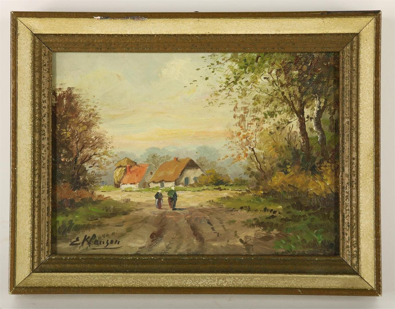 Landscape with figures, signed lower left E. Klaassen, Twente painter, approx 1930, oil on - Image 2 of 4