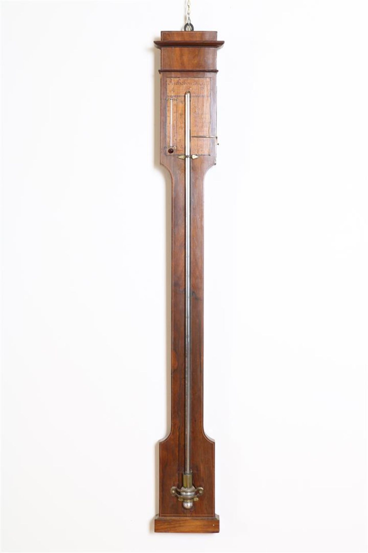 Stick barometer with mercury barometer, mercury thermometer and painted scale plate, address