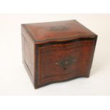 Burr walnut veneered and copper inlaid liqueur cellar with interior of 4 etched glass stopper