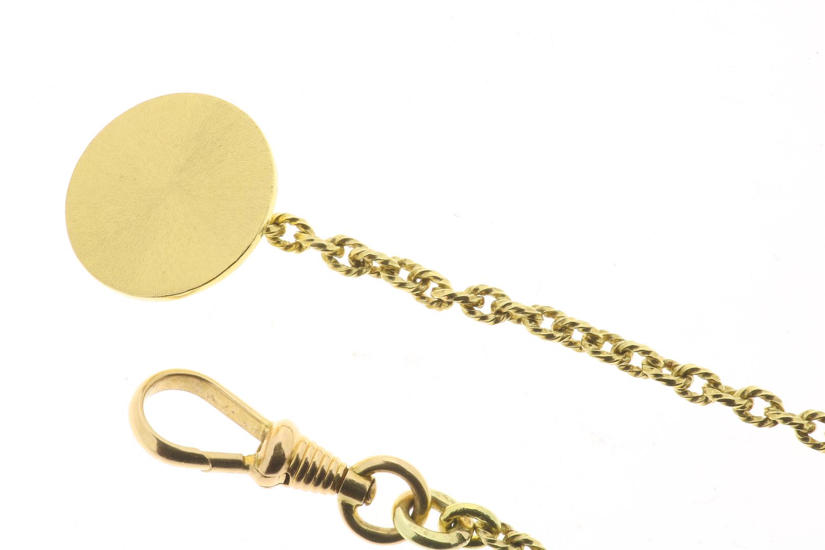 Yellow gold watch chain, chatelaine, with anchor clasp and cuff, grade 750/000, maker's mark HSP,