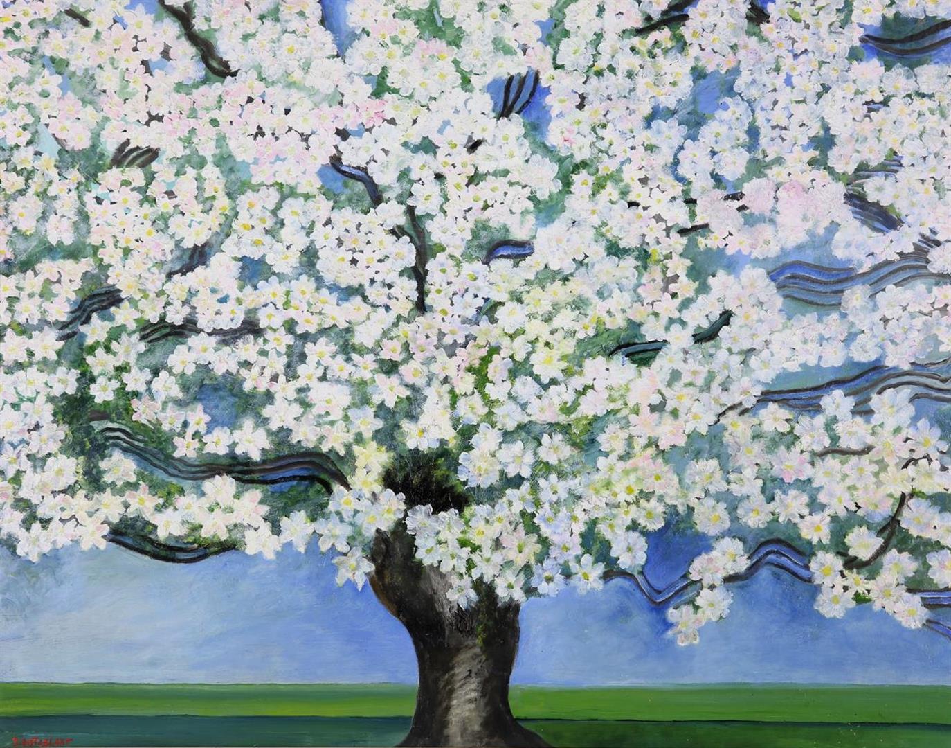 Hans Butzelaar (1945-) Blossom tree, signed lower right. Oil on panel 76 x 97 cm