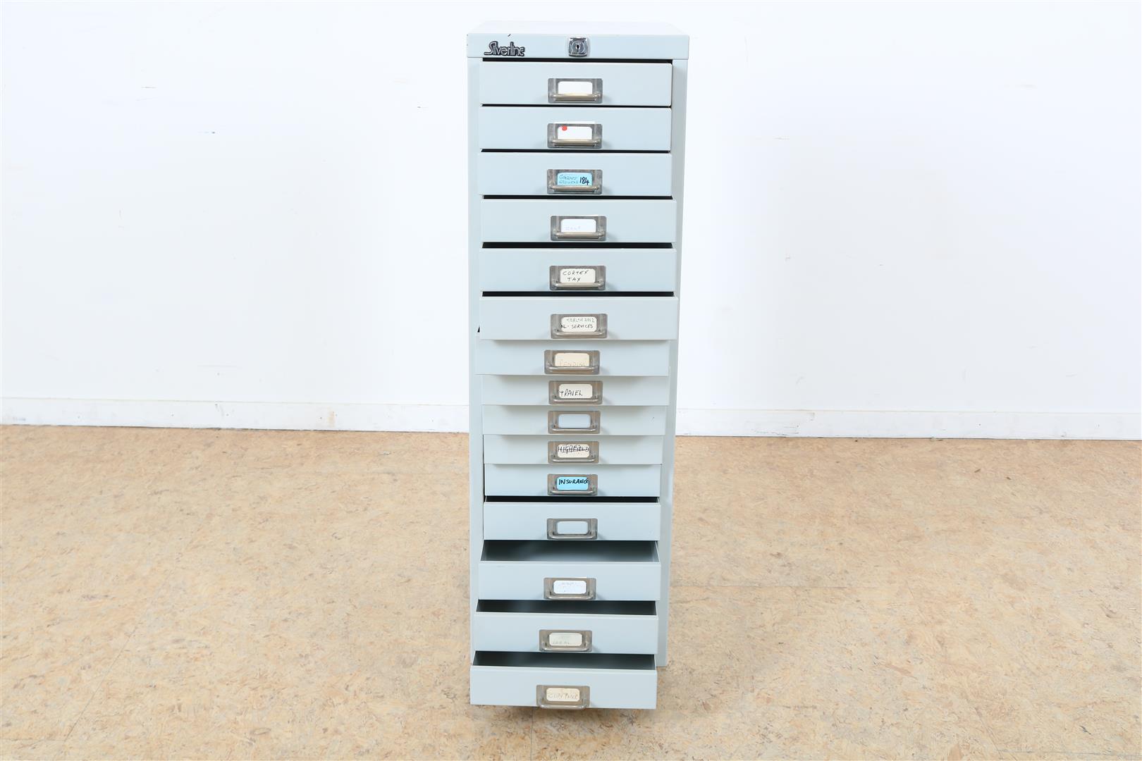 Metal filing cabinet with 15 drawers, Silverline label, 87 x 41 x 28 cm. (key missing) - Image 2 of 3