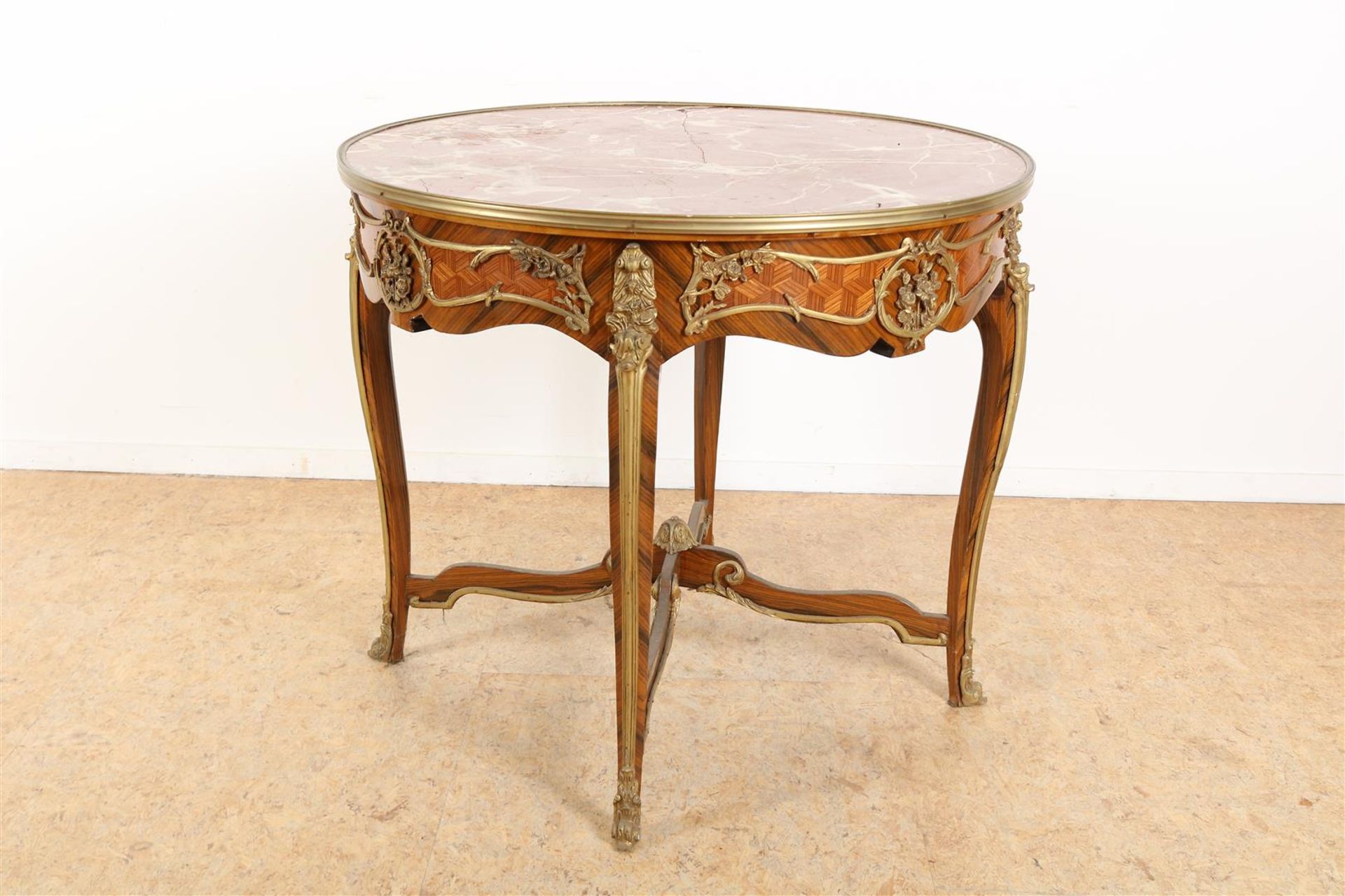 Walnut with fruit wood Louis XV style table with marble top (defects) and bronze fittings, 20th