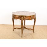 Walnut with fruit wood Louis XV style table with marble top (defects) and bronze fittings, 20th