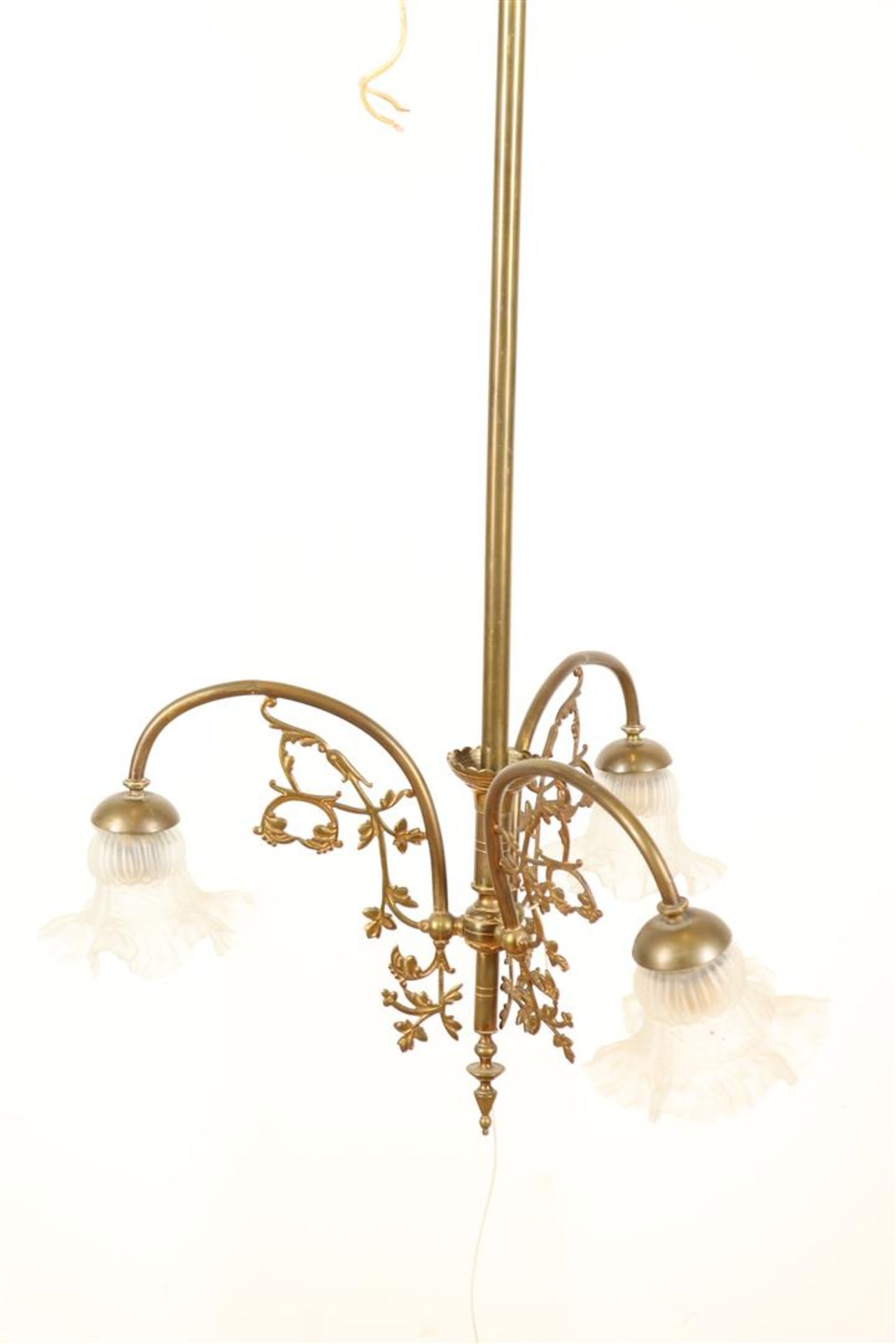 Copper hanging lamp with 3 glass flower shades, height 93 cm.
