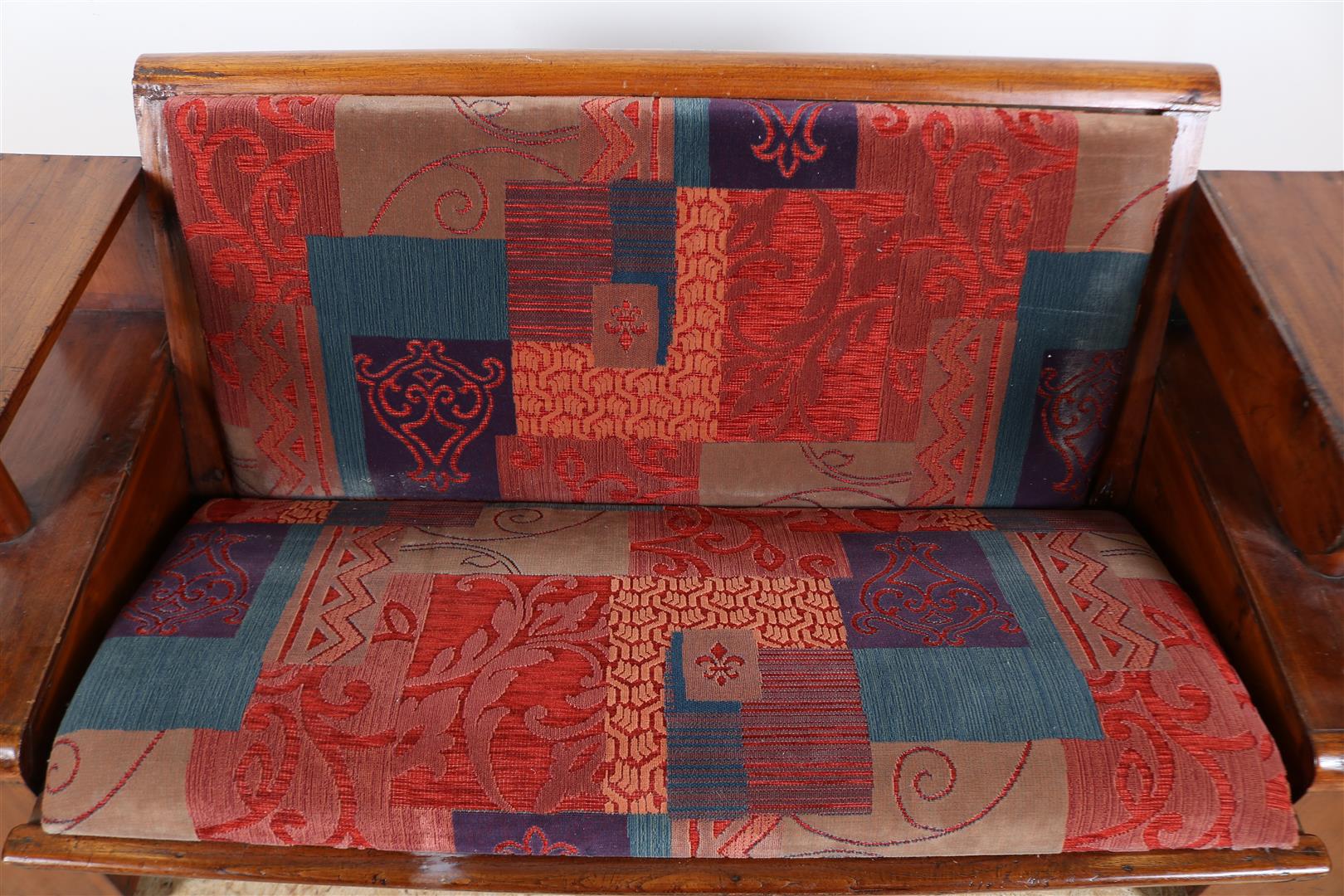 Teak Art Deco sofa with bookcases and drawer in armrest with colored velvet upholstery, Indonesia - Image 2 of 4