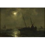 Henriette Herminie Gudin (1825-1892) Ships by moonlight, signed bottom left., panel 9 x 14 cm.