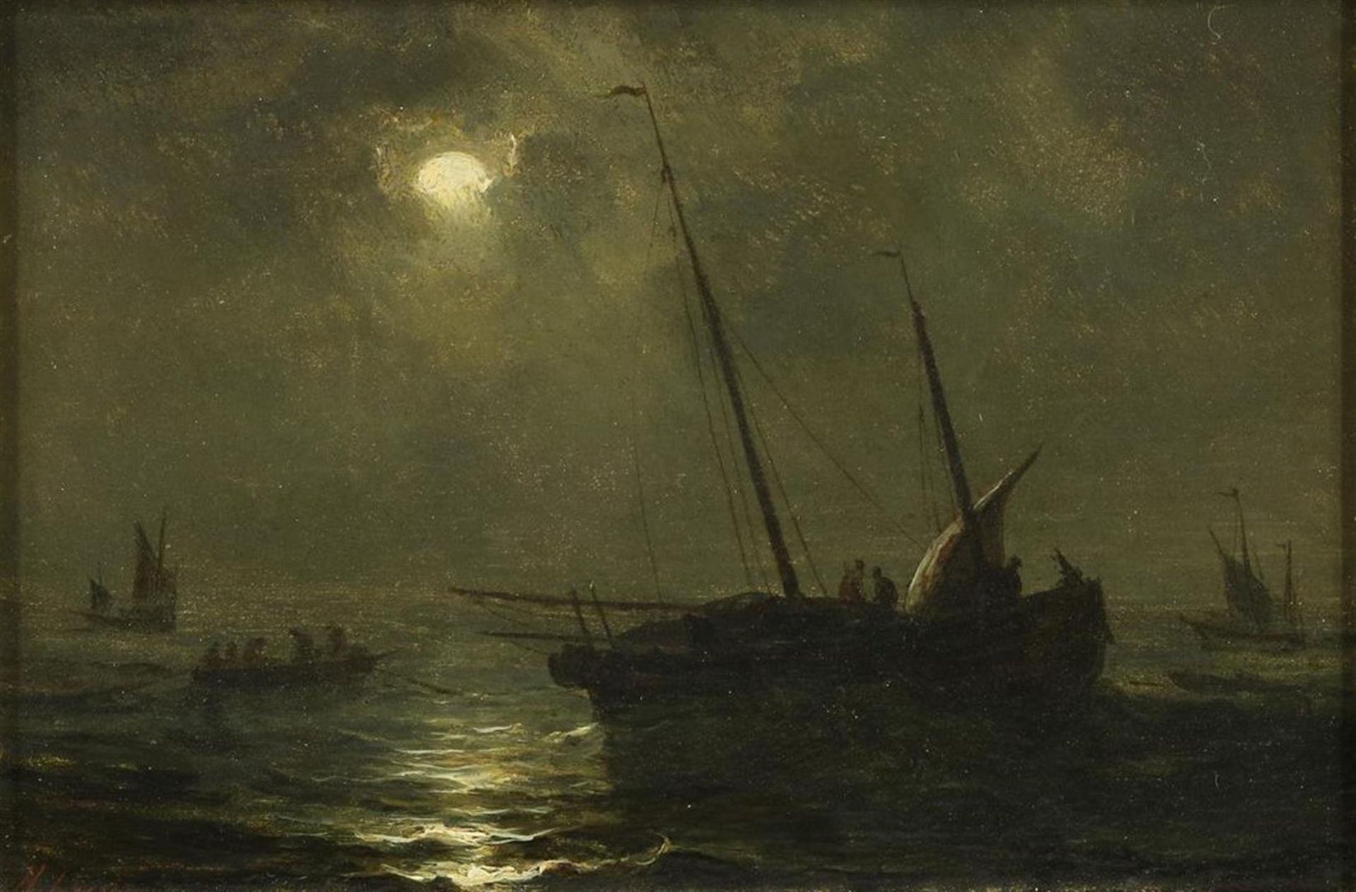 Henriette Herminie Gudin (1825-1892) Ships by moonlight, signed bottom left., panel 9 x 14 cm.