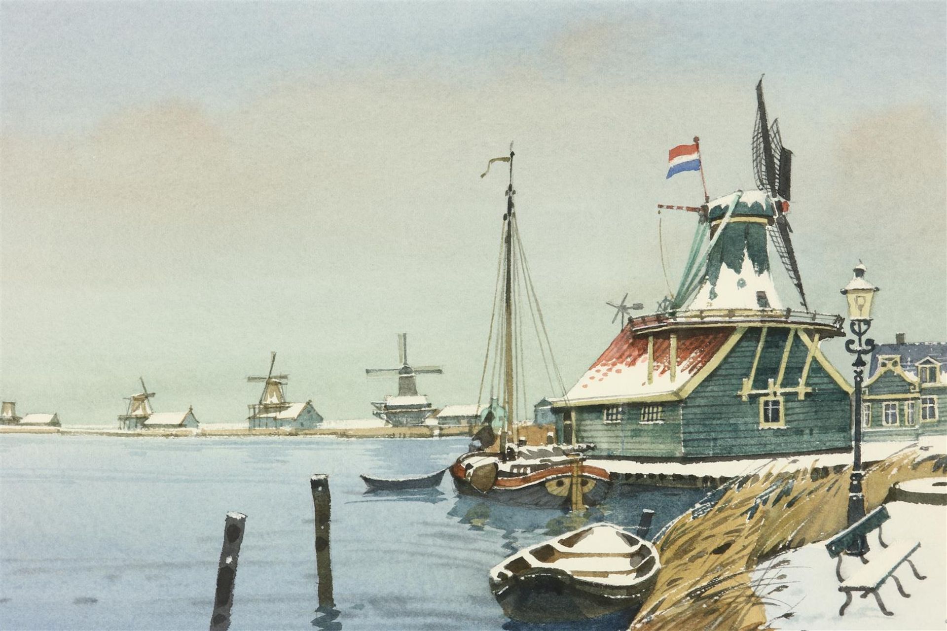 Gerrit Neven (1939-) De Zaan, signed with initials lower right. Watercolor on paper, 20 x 32 cm.