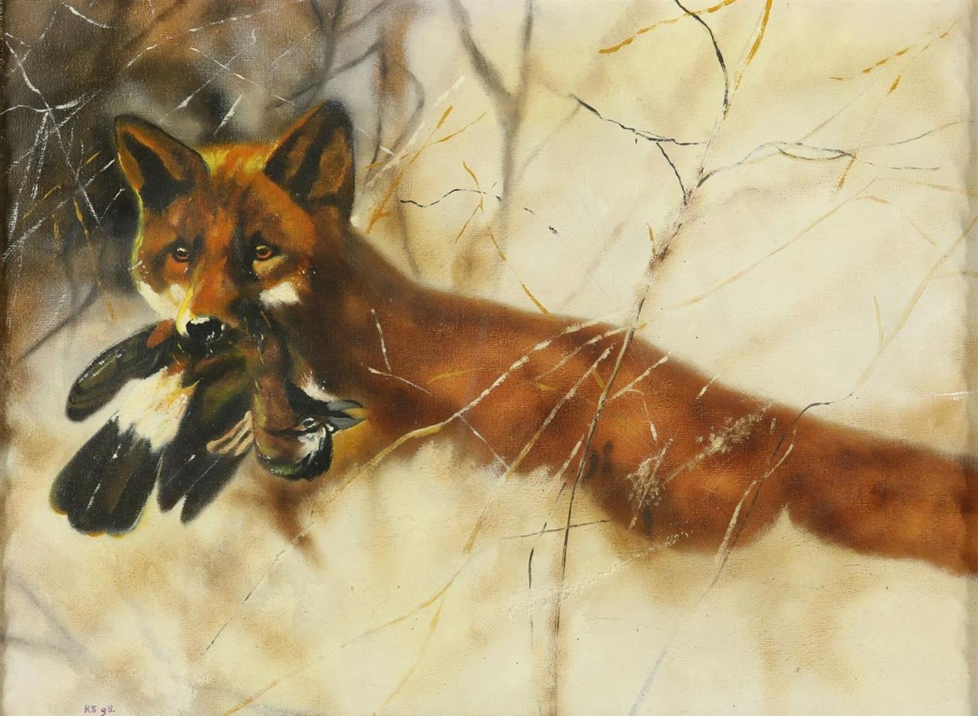 Fox with prey, signed and dated bottom left "K.S, 98", canvas, 30 x 40 cm.