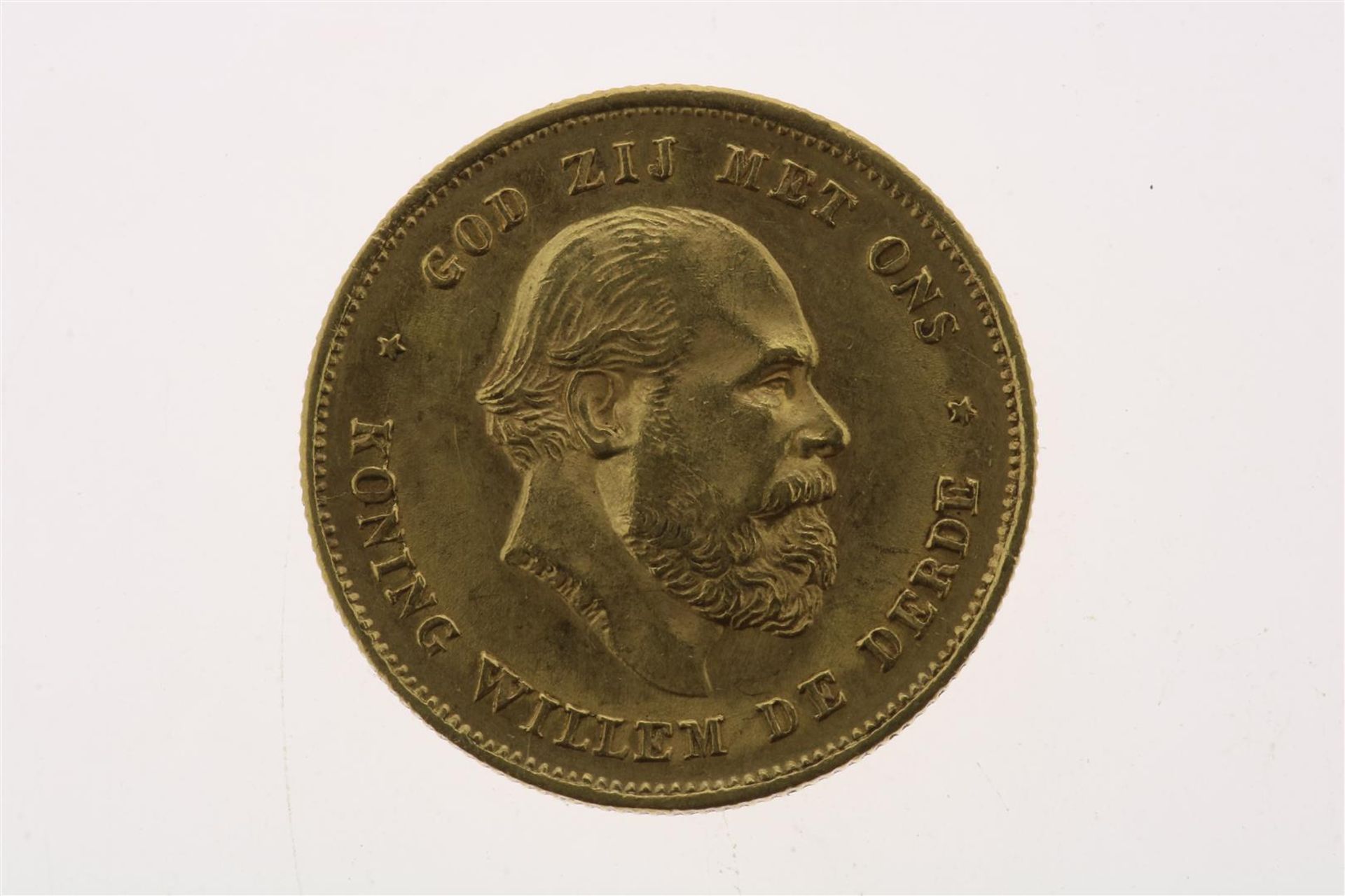 Gold tenner with image of Willem III, looking to the right, 1875, weight 6.72 grams.