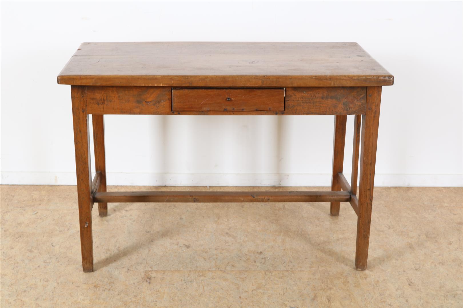 Teak kitchen table with drawer, resting block legs connected by rules, Indonesia, 68 x 103 x 57 cm.