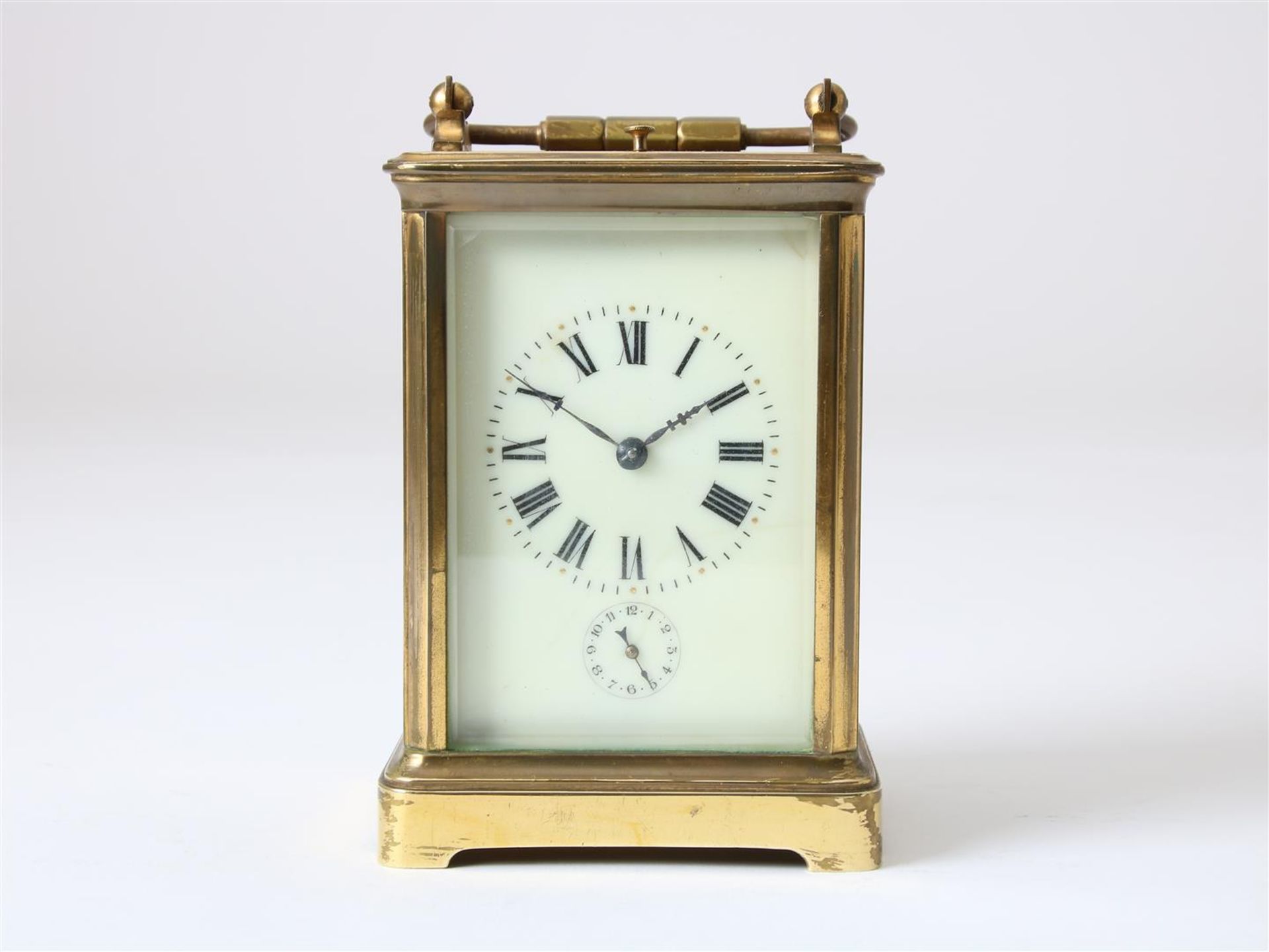 Gilt brass travel clock with enamel dial with Roman numerals and alarm clock with Arabic numerals,