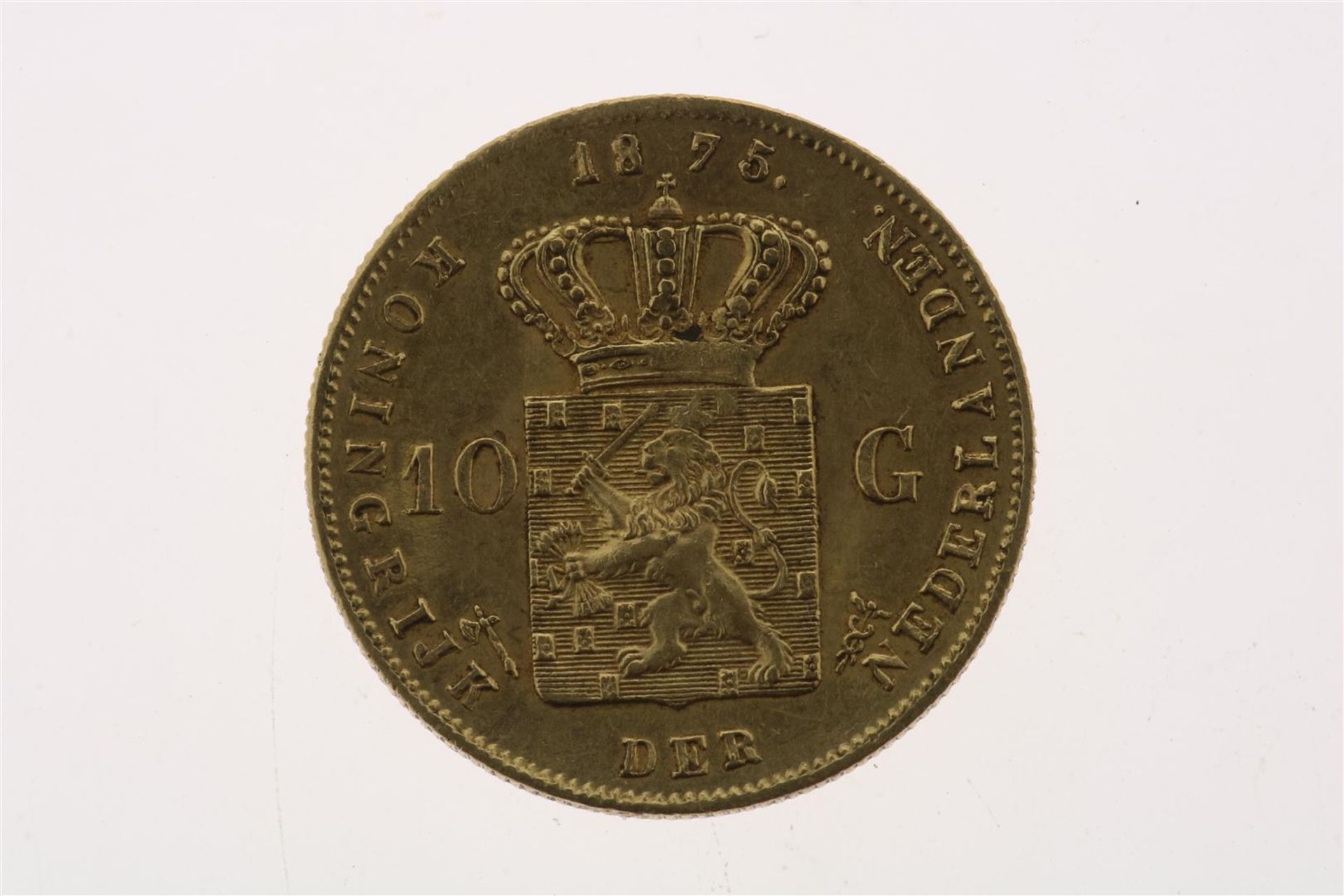 Gold tenner with image of Willem III, looking to the right, 1875, weight 6.72 grams. - Image 2 of 2