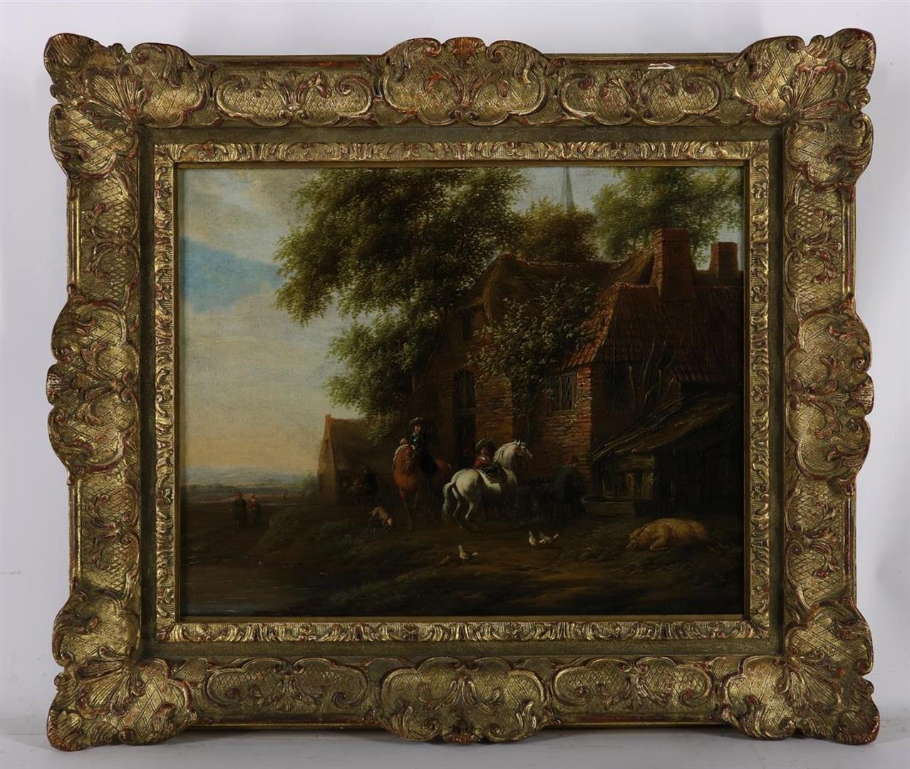 Cornelis van Essen (1690-1770) Figures on horseback near a farmhouse, unclearly monogrammed 'CVE' at - Image 2 of 6