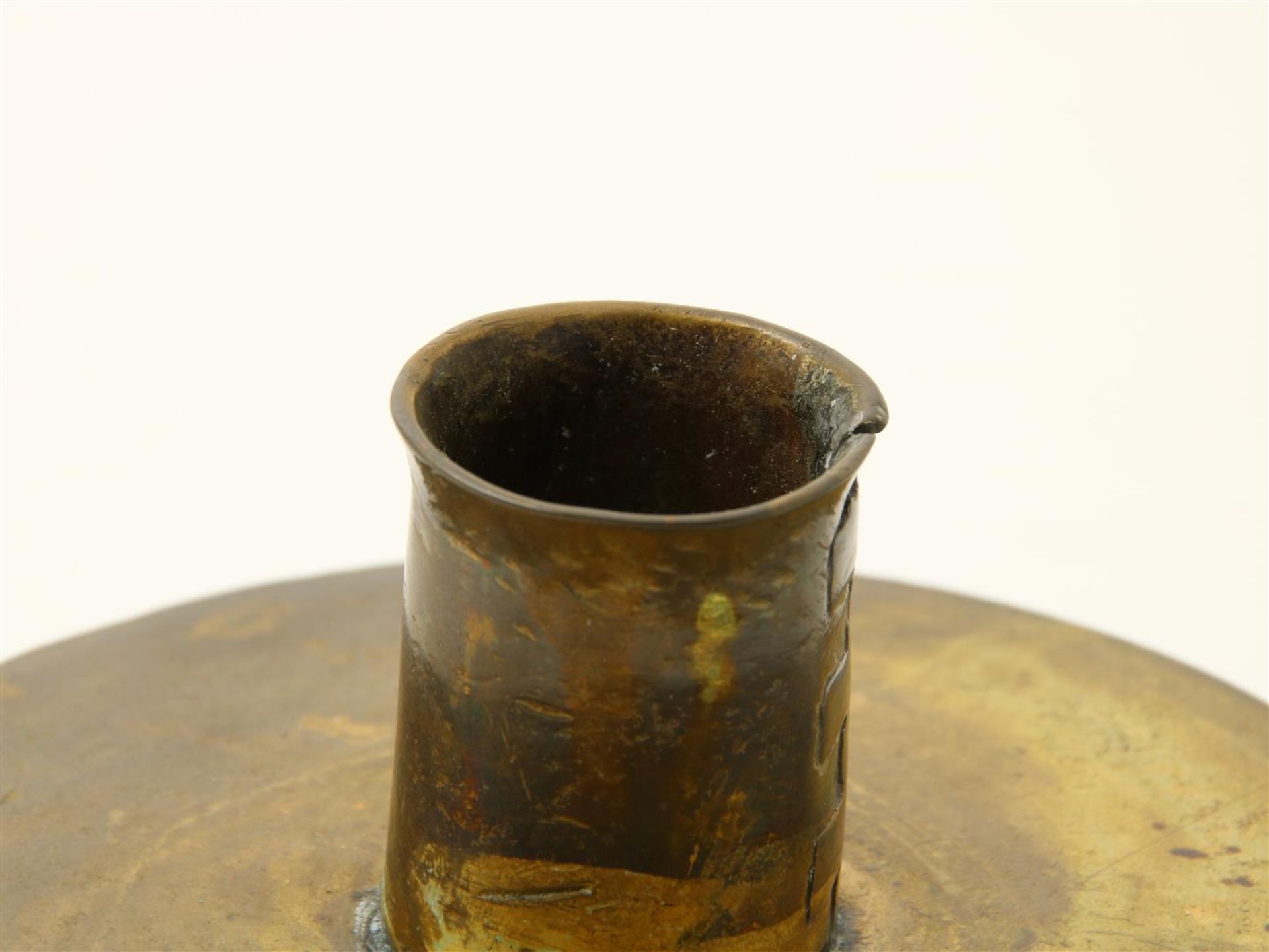 Bronze candlestick on wooden base, dovetail candle holder, possibly Spain, 17th century, height 10.5 - Image 2 of 4