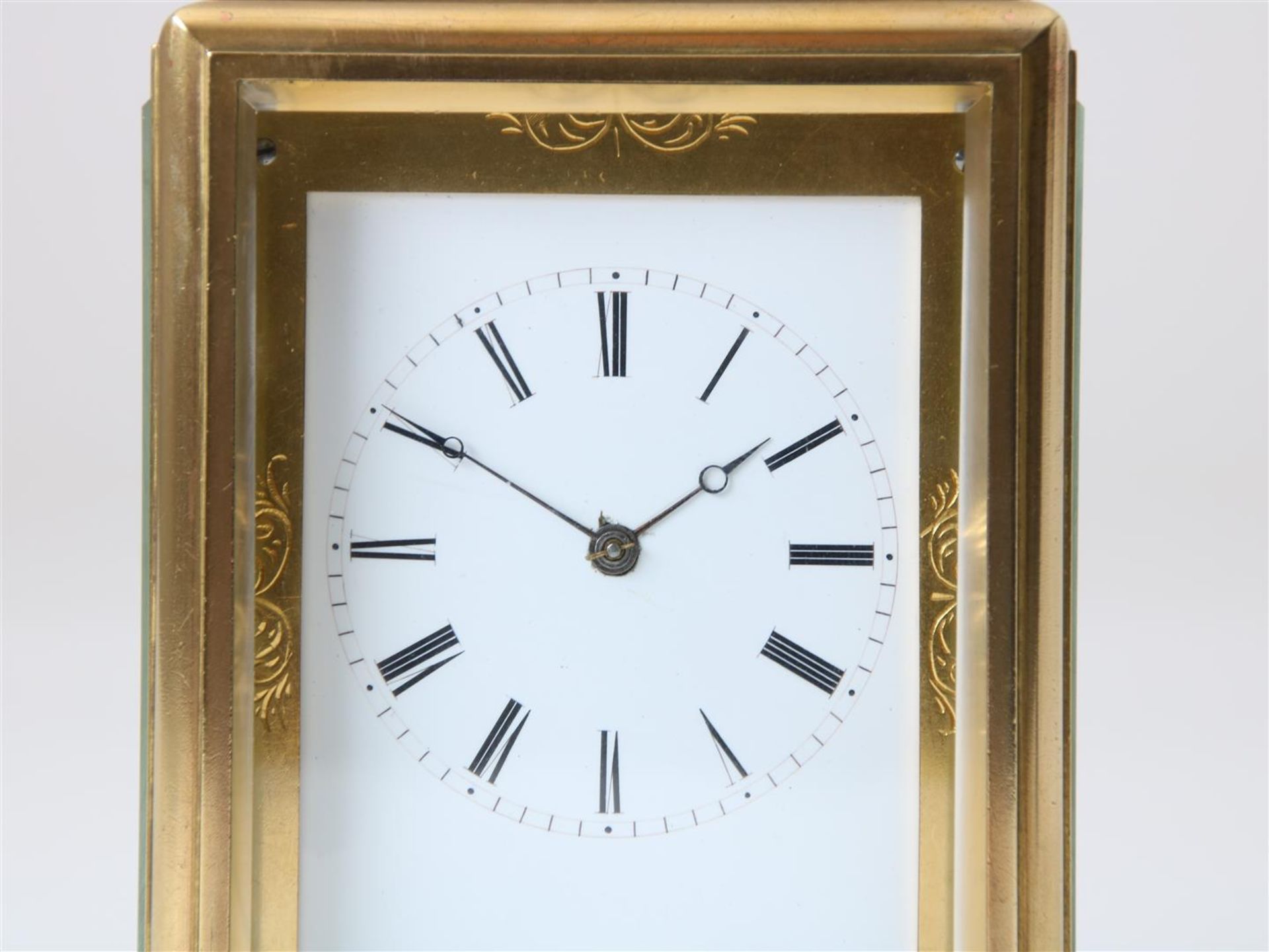 Gilt brass travel clock 'one-piece' with 'Jules escapement', enamel dial with Roman numerals, - Image 2 of 8