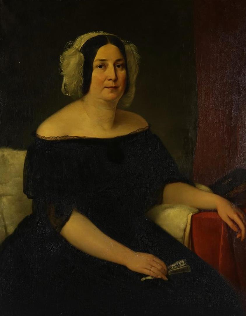 Portrait of a lady with fan, unsigned, 19th century, canvas, 105 x 84 cm.