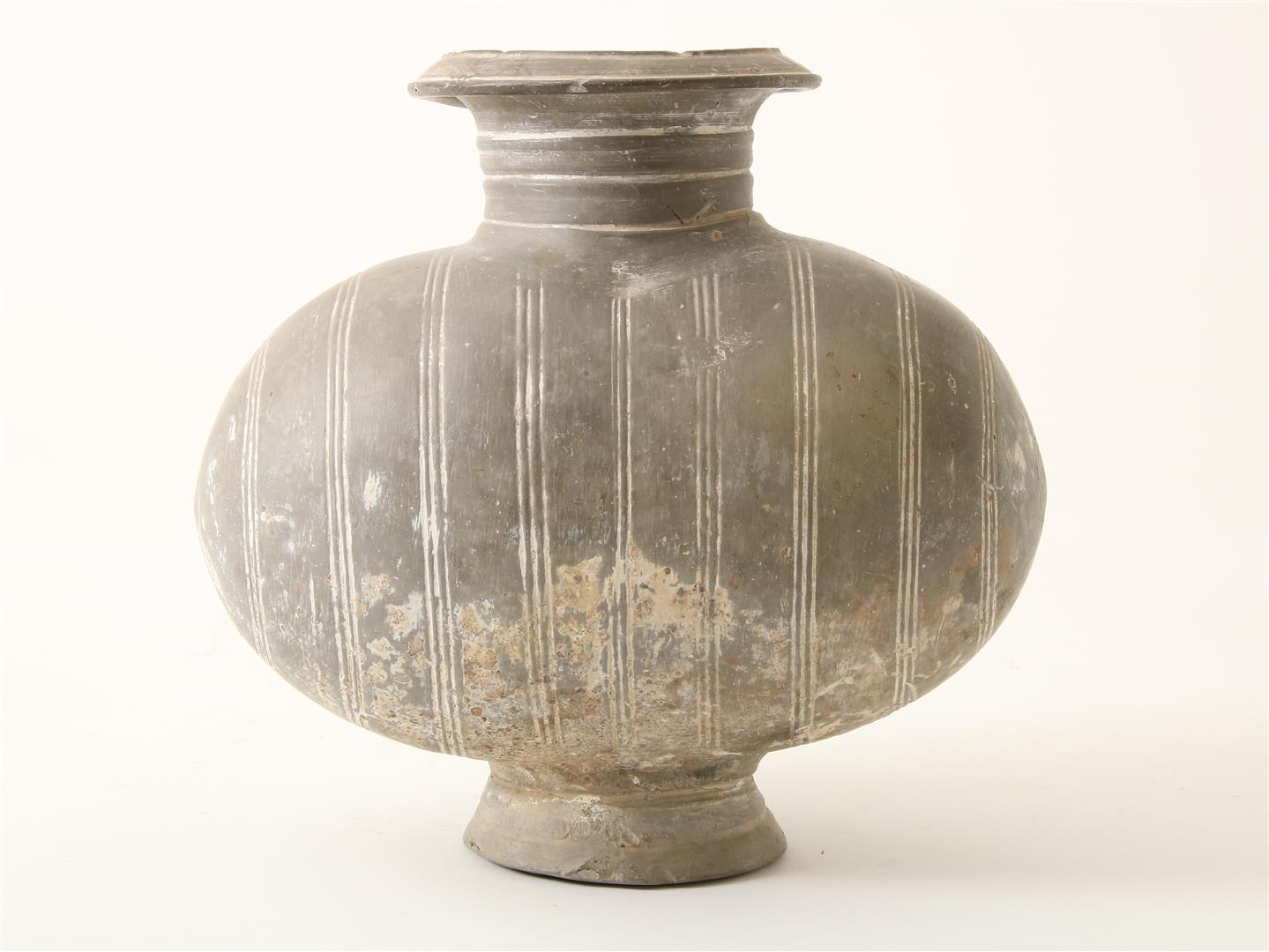 China, earthenware cocoon jar, Han dynasty ( 206 BC - 220 AD) The gray vessel moulded with