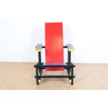 Lacquered wooden chair, so-called 'red-blue chair', after Gerrit Rietveld