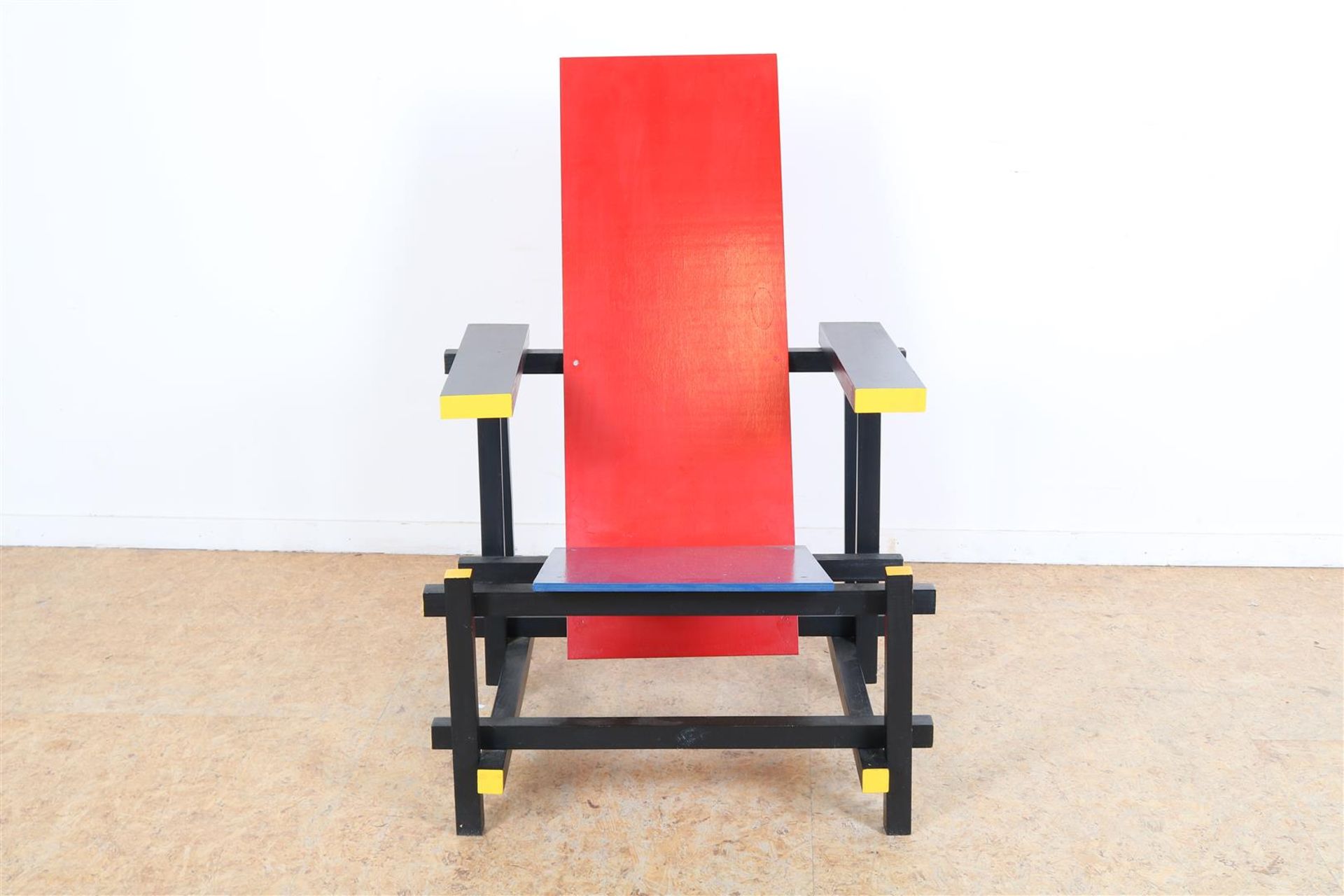 Lacquered wooden chair, so-called 'red-blue chair', after Gerrit Rietveld