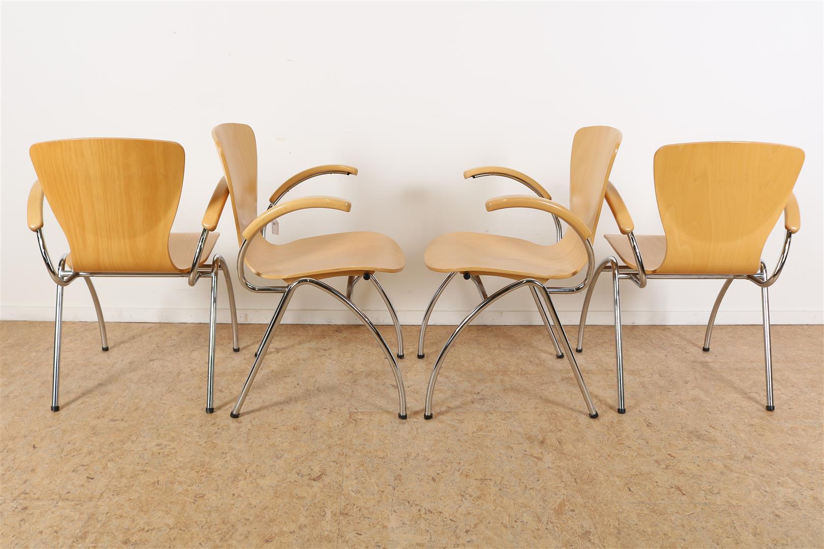 Series of 4 beech wood armchairs on chrome base, dated 2001. (damage on seats) - Image 2 of 8