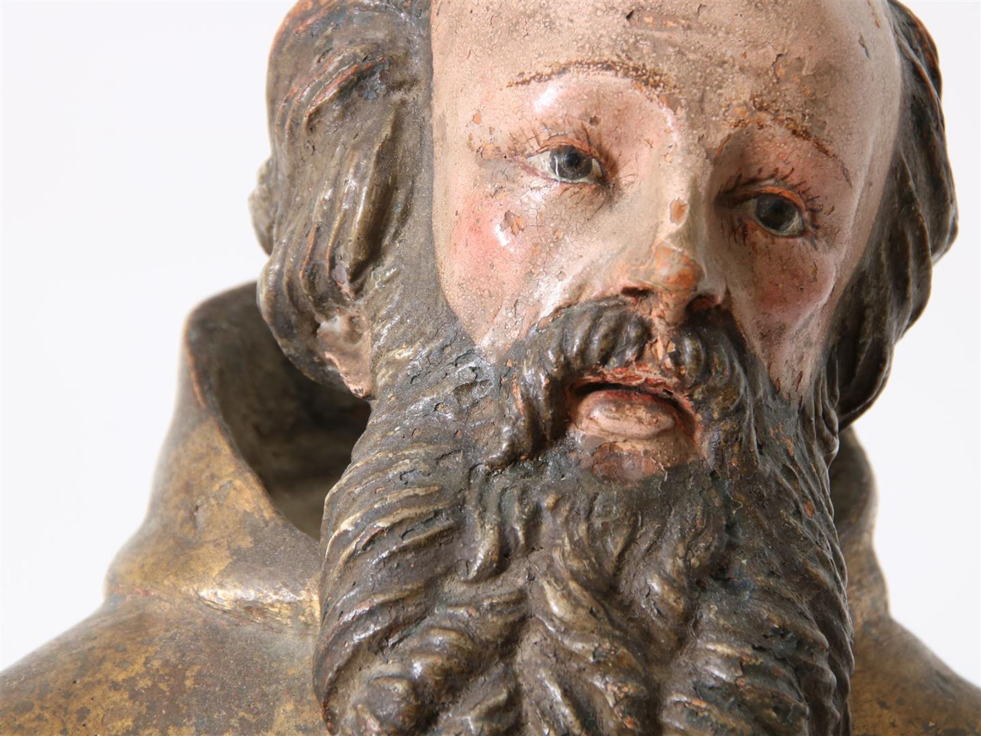 Partly gilded terracotta sculpture of kneeling Saint Francis of Paula (1416-1507) with beard and - Image 9 of 16