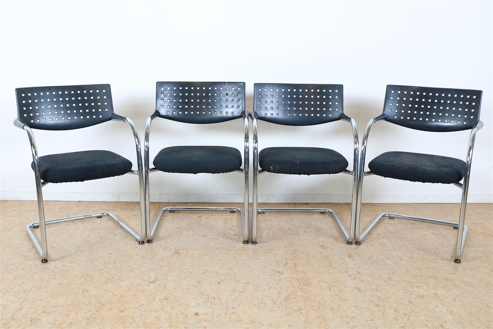 Series of 4 designer armchairs with openwork diamond pattern backrest on chrome tube base, model