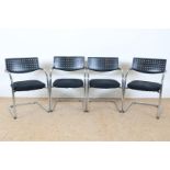 Series of 4 designer armchairs with openwork diamond pattern backrest on chrome tube base, model