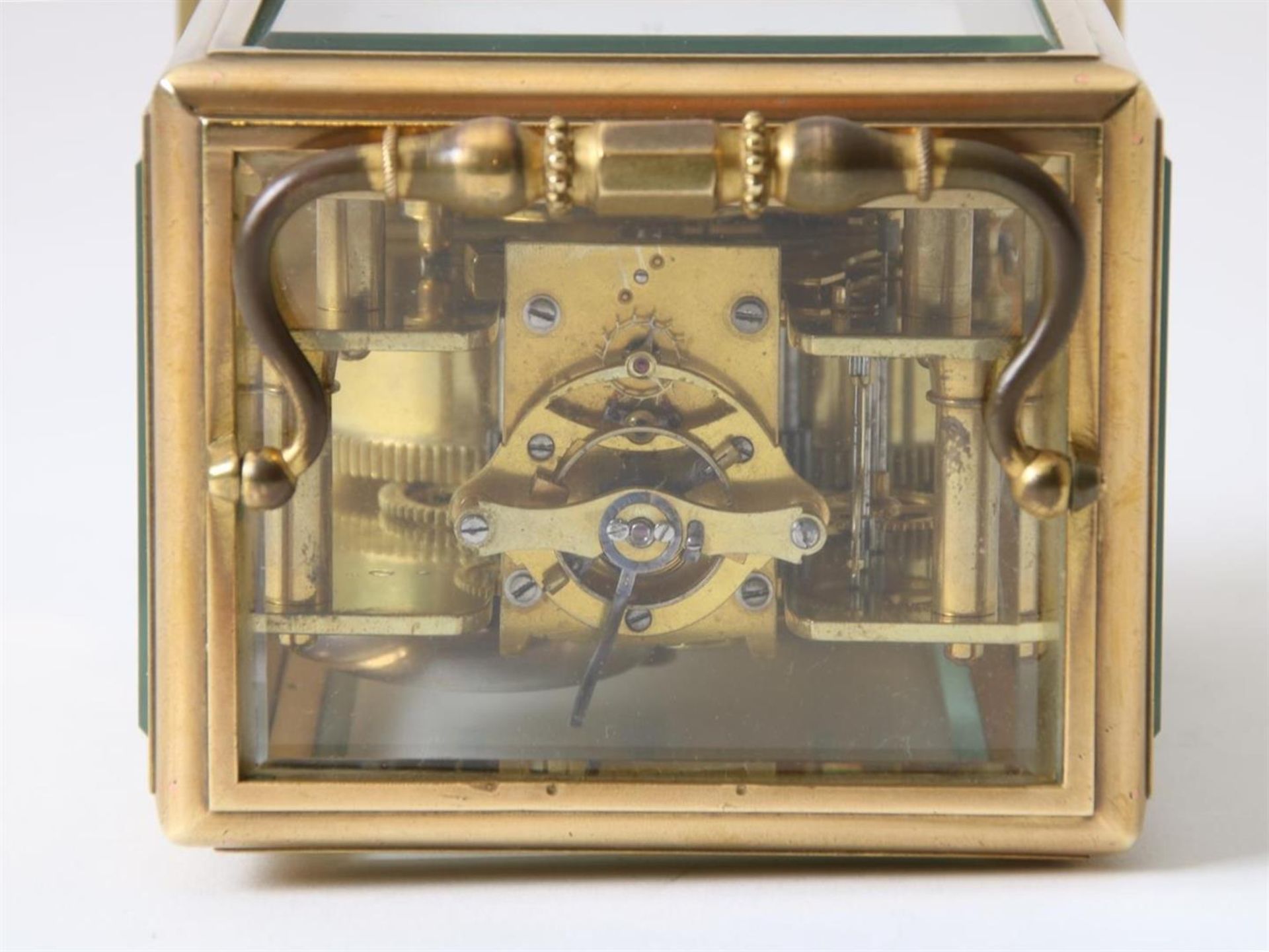 Gilt brass travel clock 'one-piece' with 'Jules escapement', enamel dial with Roman numerals, - Image 8 of 8