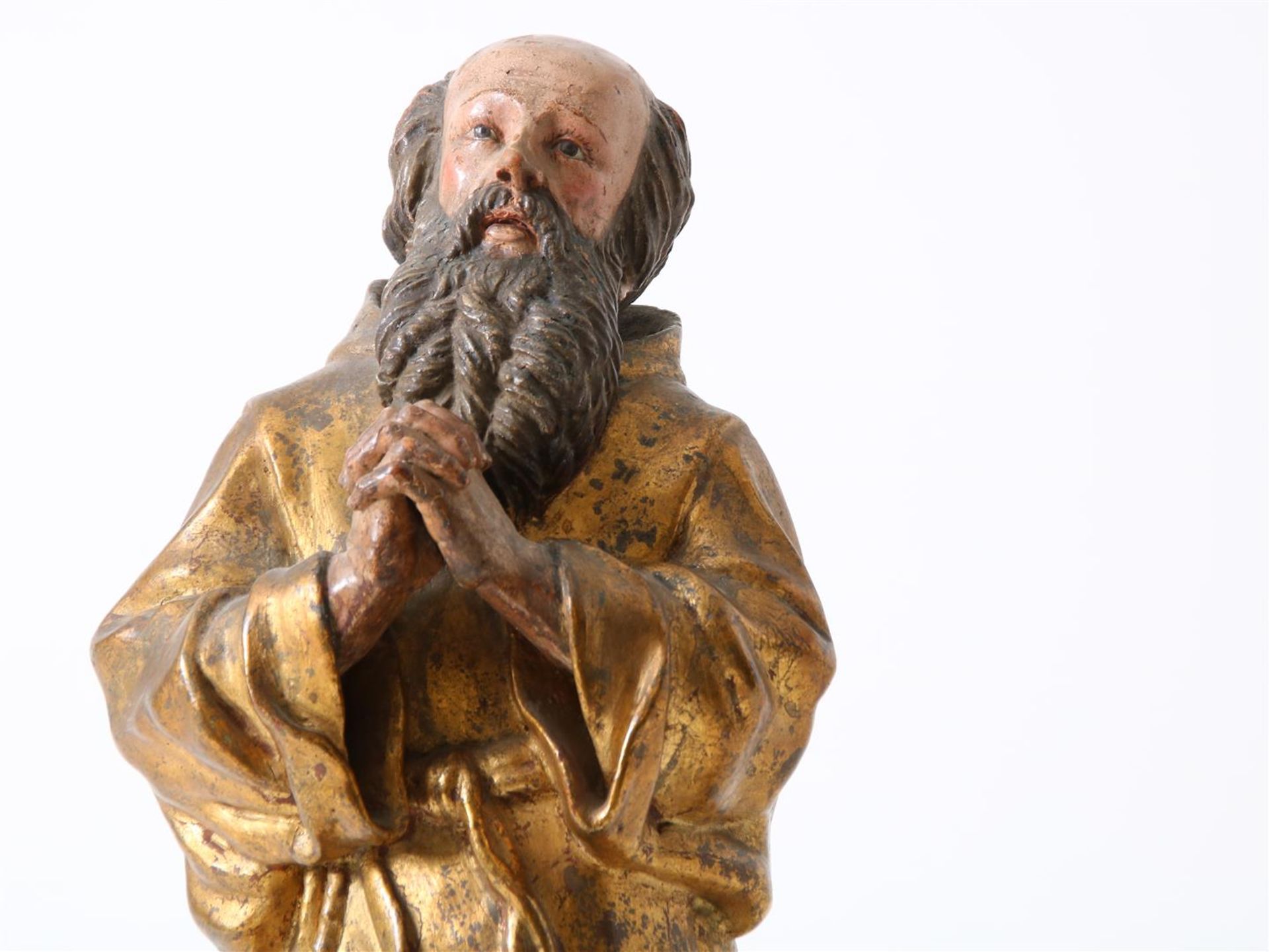 Partly gilded terracotta sculpture of kneeling Saint Francis of Paula (1416-1507) with beard and - Image 5 of 16