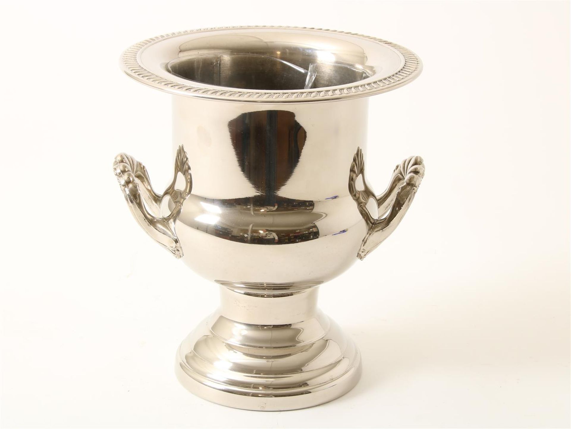 Plated (metal) champagne Urn shaped with folded edge, and 2 handles, on round base, not marked,