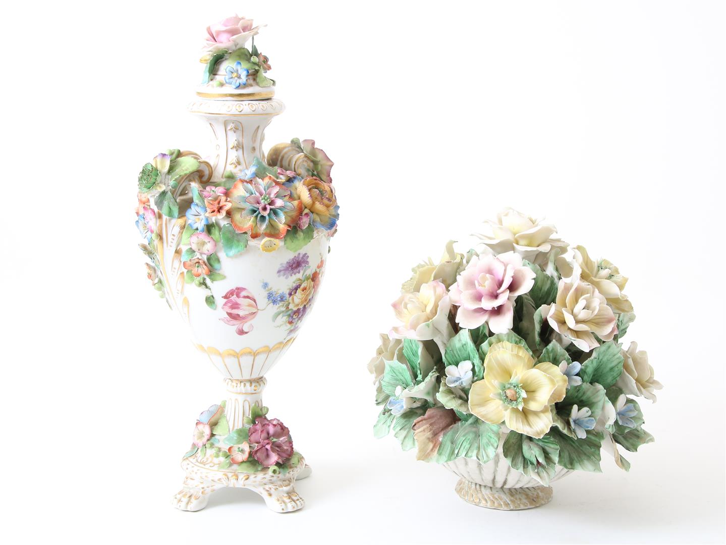 Lot of a porcelain decorative vase with decor of a romantic scene and relief of flowers, marked on