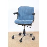 Partly chromed office chair with blue upholstery, in the style of Charles Eames.