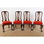 Series of 4 Chippendale-style chairs with elaborate backrest, red fabric seat on ball claw feet,