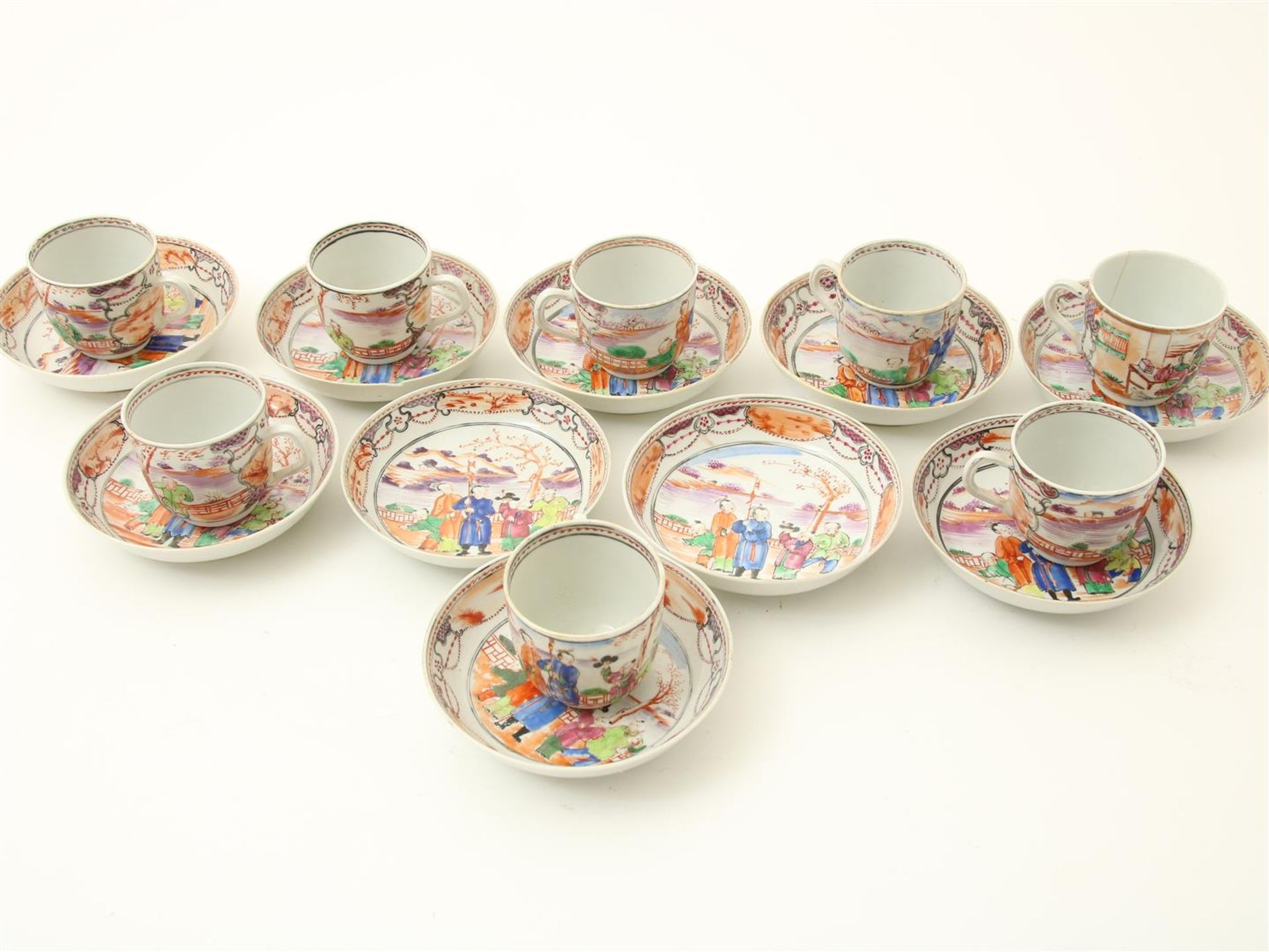 Series of 8 Qianlong porcelain cups and 10 saucers with mandarin decor of figures in landscape, - Image 2 of 7