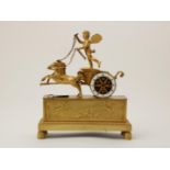 Fire-gilt bronze Empire chariot mantel clock, "Cupid's chariot" with round enamelled dial ring