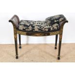 Black lacquer Victorian fireplace bench with chinoiserie and wicker seat (defective) and loose