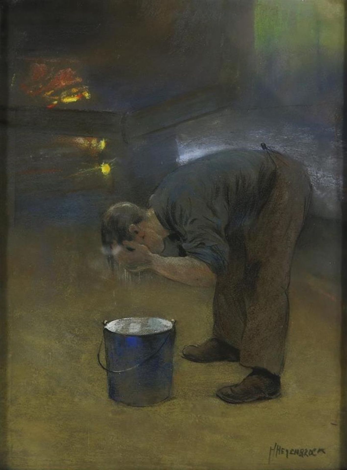 Herman Heijenbrock (1871-1948) Little boy washes himself in the glass factory, pastel on paper.