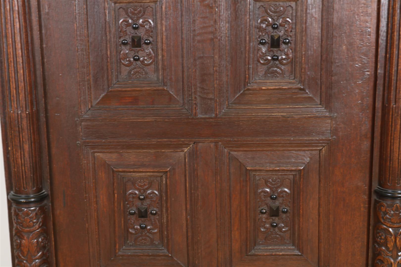 Oak Renaissance cabinet with richly carved crest, recessed elevation with 3 panel doors resting on 4 - Image 9 of 10