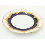 Blue with gold plated dish, Meissen, 20th century, diameter 31 cm.