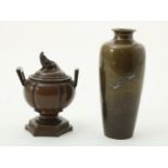 Lot of a bronze corro with lid crowned with an elephant, unclearly signed, height 11 cm. And a