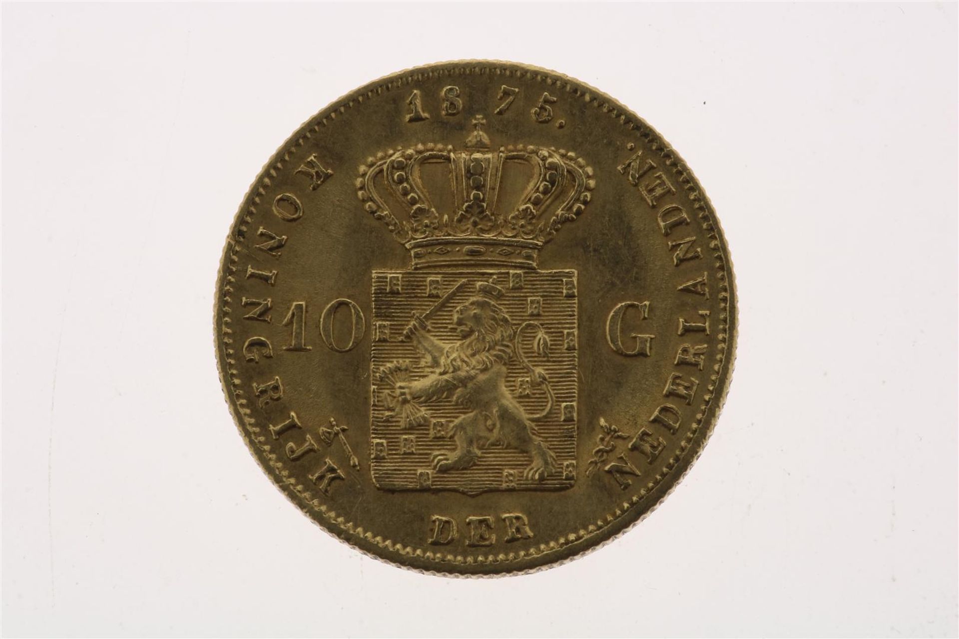 Gold tenner with image of Willem III, looking to the right, 1875, weight 6.72 grams. - Image 2 of 2